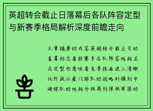 英超转会截止日落幕后各队阵容定型与新赛季格局解析深度前瞻走向 英超转会截止日落幕后各队阵容定型与新赛季格局解析深度前瞻走向