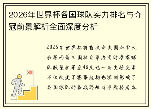 2026年世界杯各国球队实力排名与夺冠前景解析全面深度分析